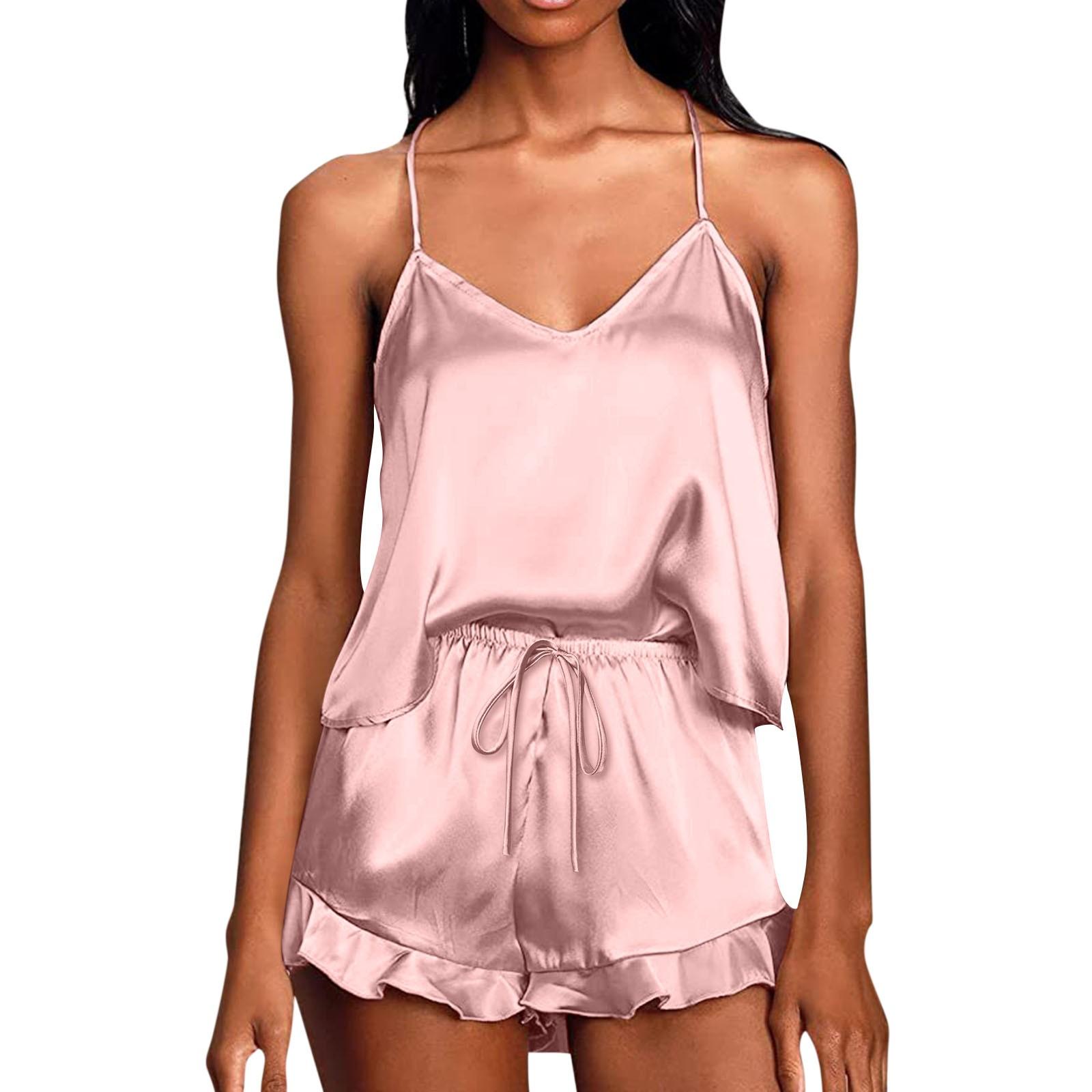 

Пижама для женщин комплект из атласа 2 предмета шелковый топ и шорты повседневная мода с оборками мягкая одежда для сна S розовый