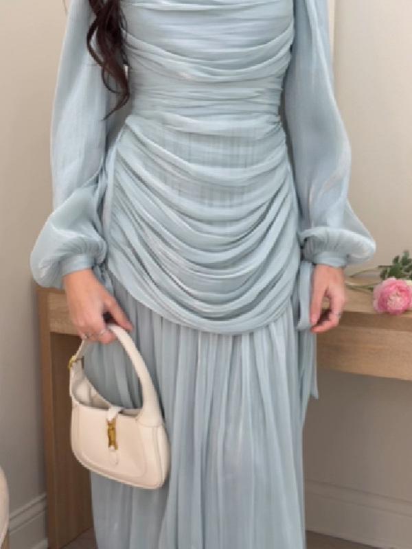 Spring/Summer 2026 Women's Elegant Pleated Lantern Sleeve Dress