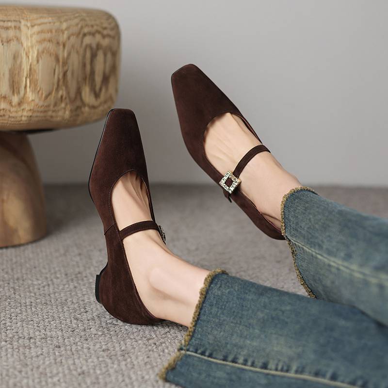 Krazing Pot Sheep Suede Square Toe Med Heels Summer Shoes Big Size 42 Crystal Buckle Women Shallow Pumps