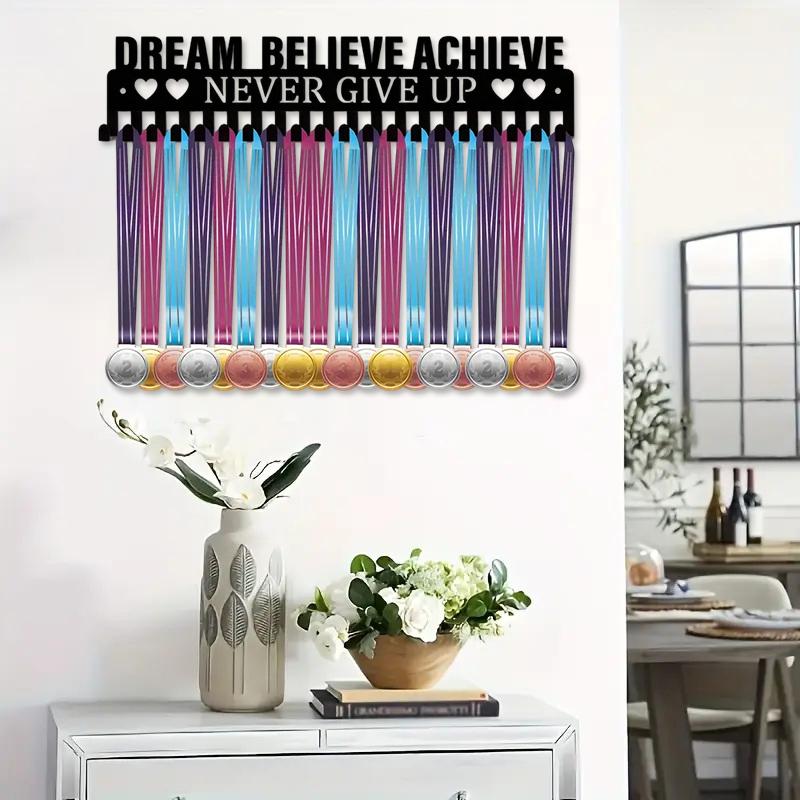 Metal Medal Rack 'Dream Believe Achieve Never Give Up' Iron Medal Holder Wall-Mounted Universal Medal Hanger Home Decor