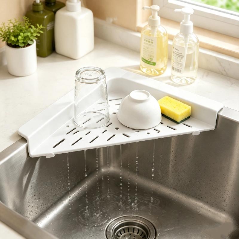 Stainless Steel Sink Corner Rack Anti-Rust Punch-Free Dish Drying Rack Quick Water Drainage Hollowed Dishcloth Sponge Stand