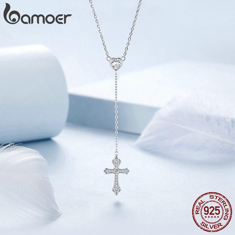 BAMOER 925 Sterling Silver Delicate Heart-shaped Pendant Necklace Y-shaped Cross Chain Necklace for Women Party Dainty Fine Jewelry Gift