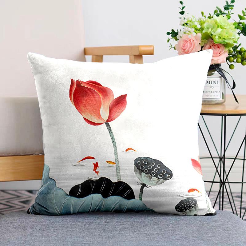 New Chinese Style Pillow Cushion Chinese Style Pillow Case Sofa Living Room Beige Lotus Zen Plush Back Pillow Case