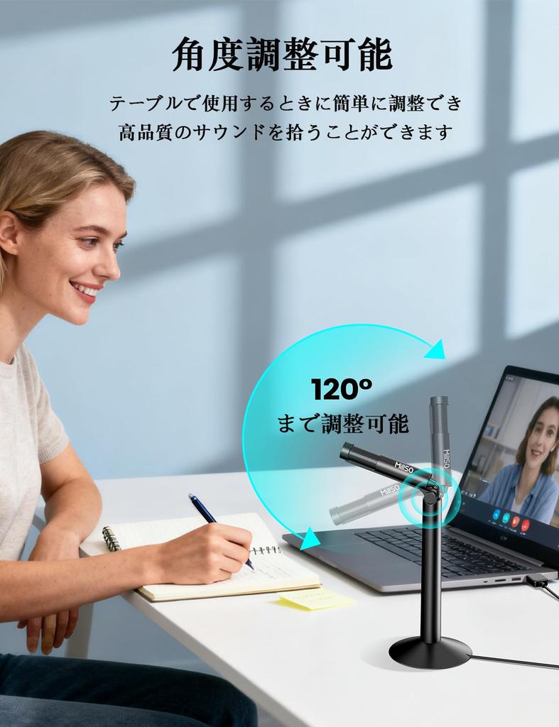 MillSO Masaüstü PC USB Mikrofon Dik Mikrofon Ses Alımı Her Yönlü Tip Ayarlanabilir Açı Online 1.2M 360° Toplantılar/Canlı Yayın İçin