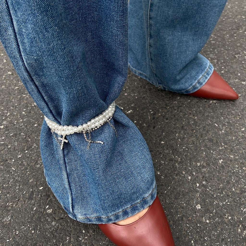 ins romantic Su chain pants anklet decoration, beaded imitation pearl diamond cross shortened foot decoration