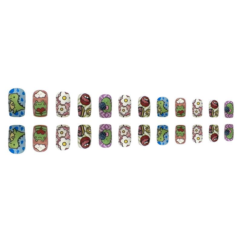 24 buc Unghii Presate Simple Desene Animate Broască Lungime Medie Modă European Pătrat Manichiură Texturată Mată Buze Stil Fetișcană Manichiură Portabilă