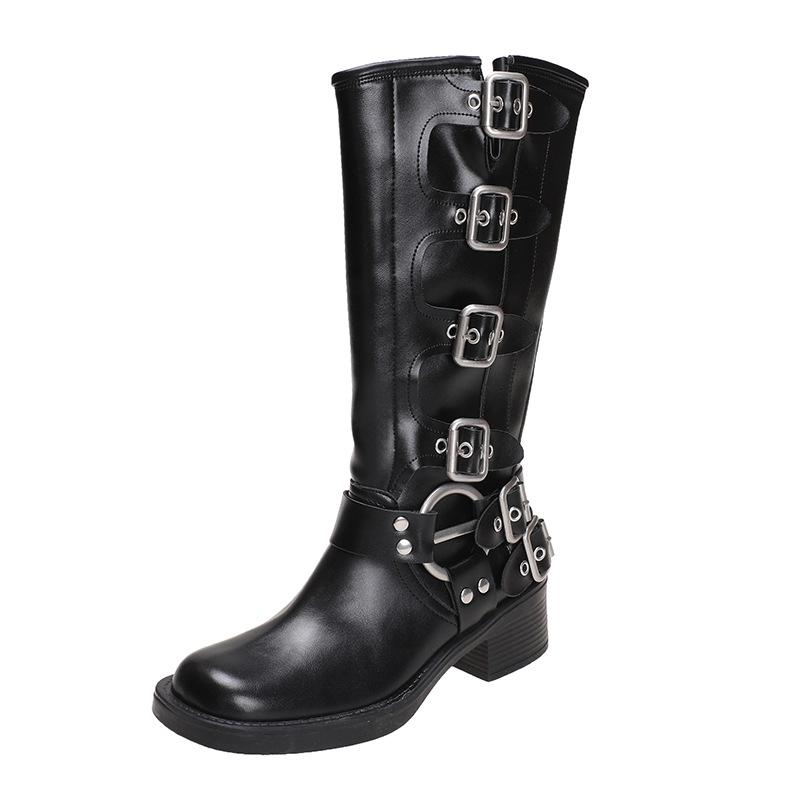 Belt buckle high boots fashion boots women's boots new long boots thick heel western boots heightening leather boots