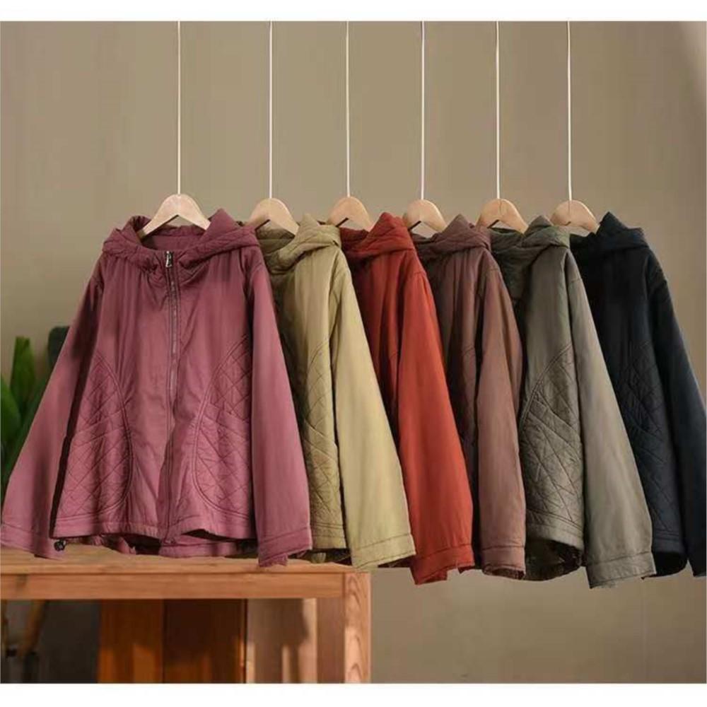 Johnature Women Vintage Hooded Jackets Zipper Solid Color Winter NPatchwork Pockets Casual Warm Jackets Coat