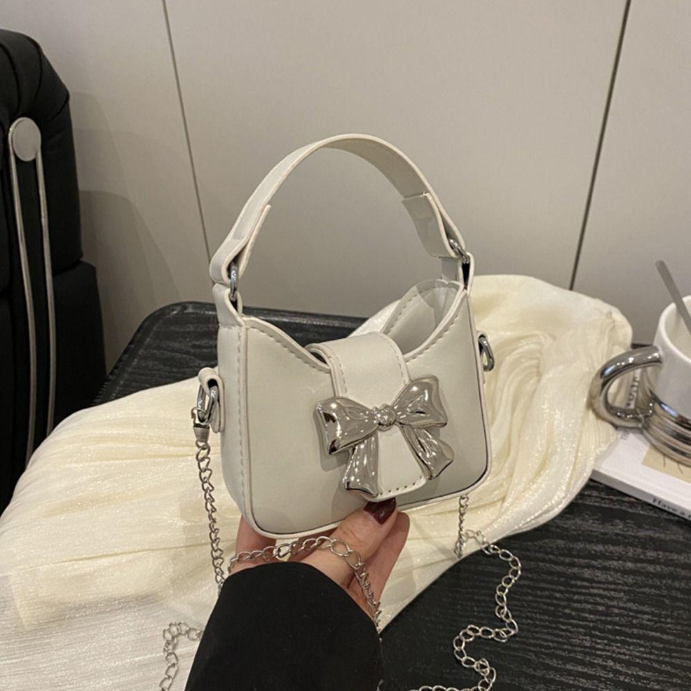 Handbag Silver Bucket Bag Pu Leather Women's Shoulder Bag Simple Bow Buckle PU Bag  Makeup Bag