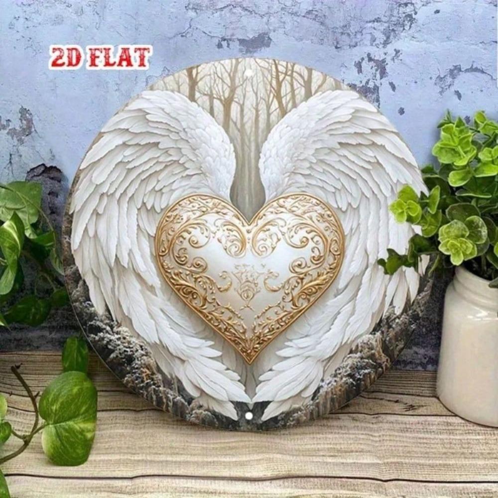 Metal Wall Poster Angel Wings Heart Religious Decor for Living Room