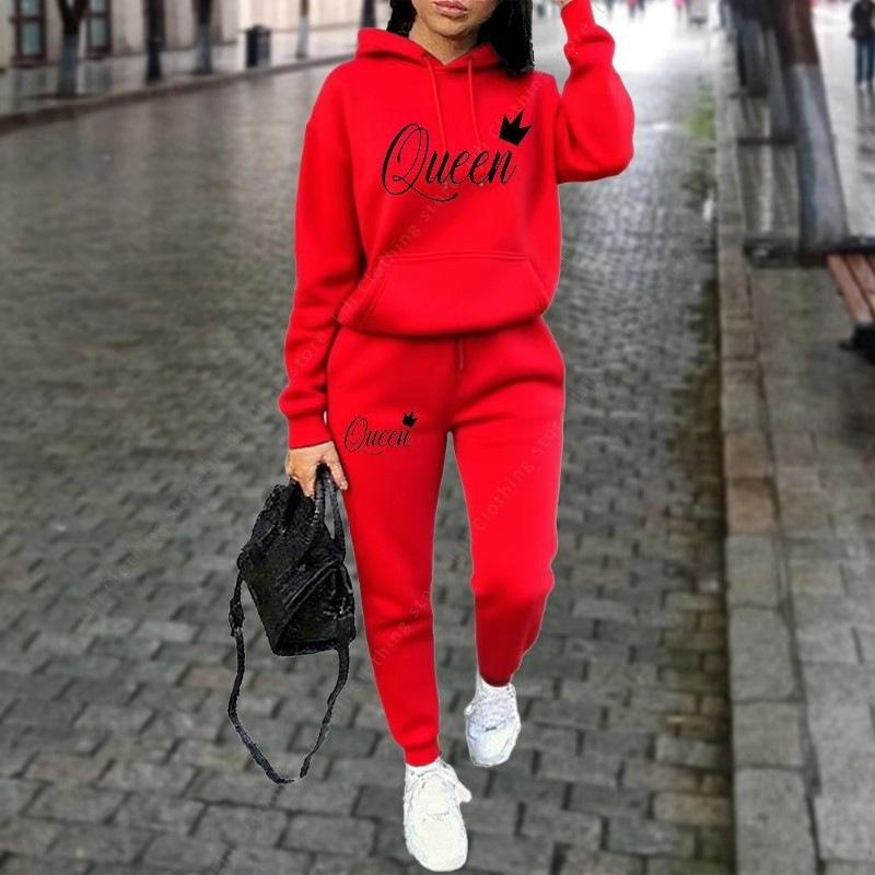 Burgundy Simple Hooded Sweater Corset Sweatpants Casual Two-piece Suit Women