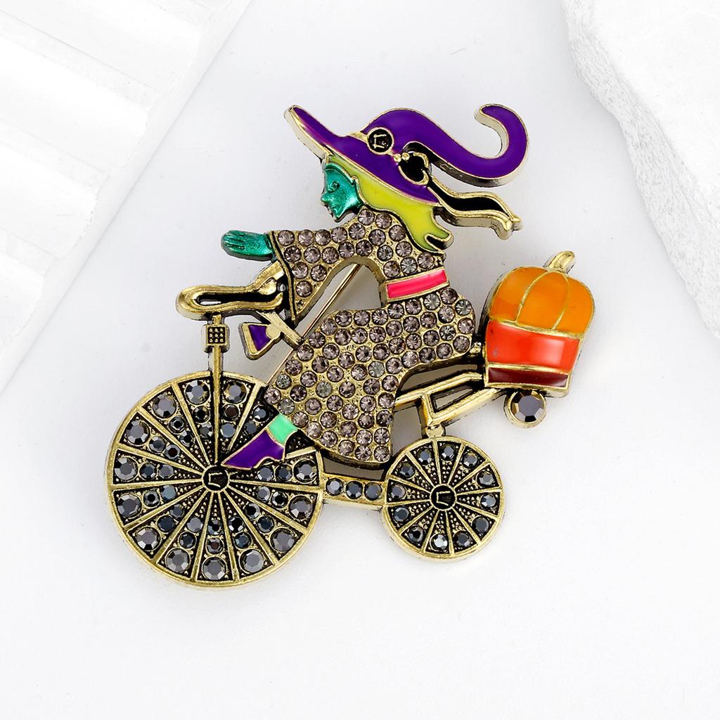Detailed Witch On Pumpkin Brooch Lightweight Metal Accessory For Fall Fashion Costume