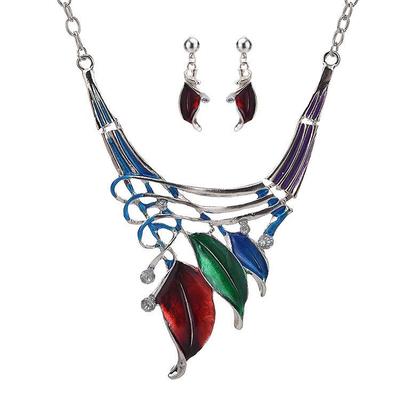 Classic Leaf-Shaped Enamel and Diamond Necklace & Earring Set