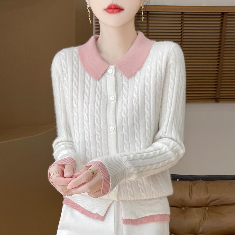 2024 Autumn/Winter Women's Korean Color Block Wool Cardigan - Slim Fit, Versatile, Stylish Lapel Knit Sweater.