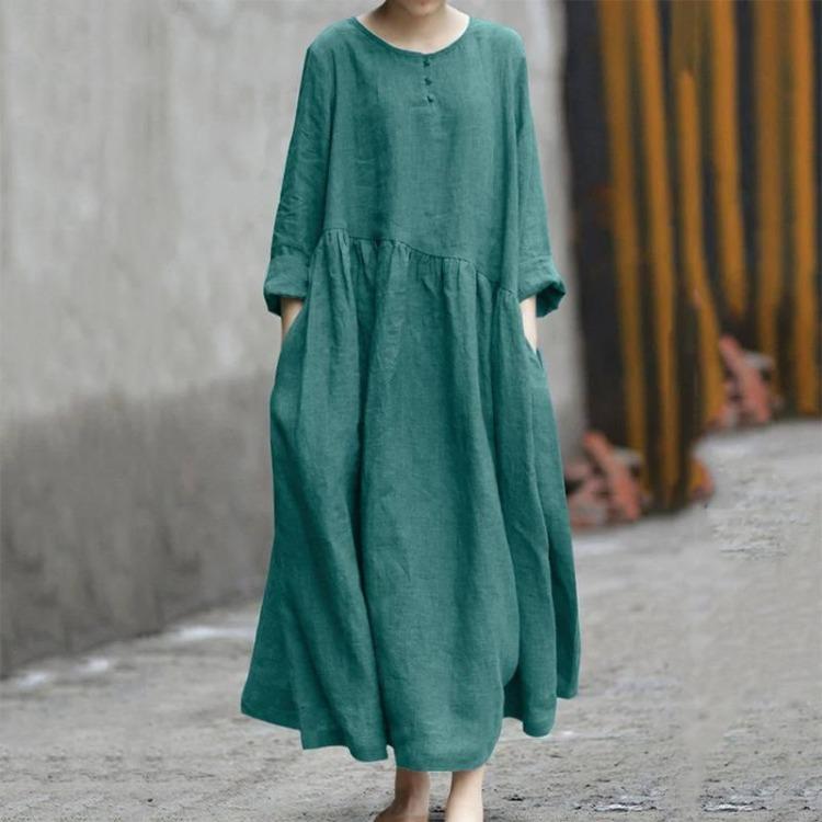 Long Sleeve Cotton Linen Plus Size Women Solid Color Round Neck Pocket Long Dress with Irregular Patchwork Hem