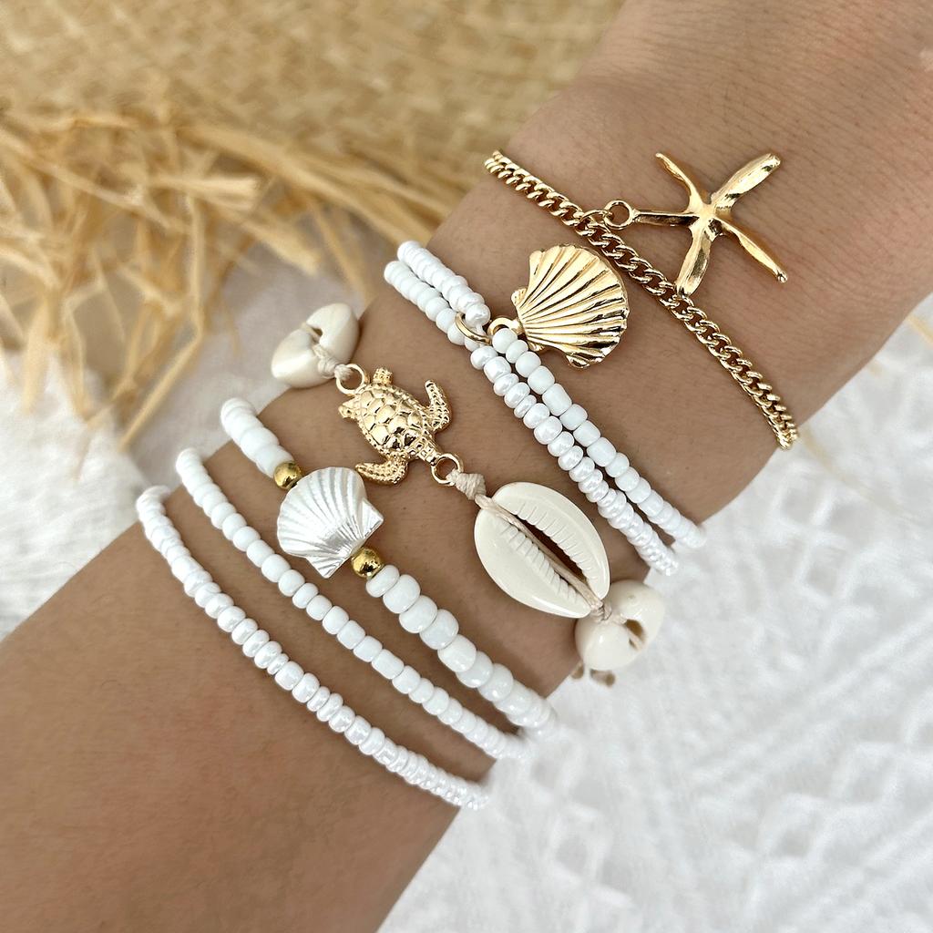Modisches Sternmuschel Perlenarmband Set für Damen Boho Imitation Perle Meeresschildkröte Anhänger Elastisches Armband Sommer Schmuck Geschenk