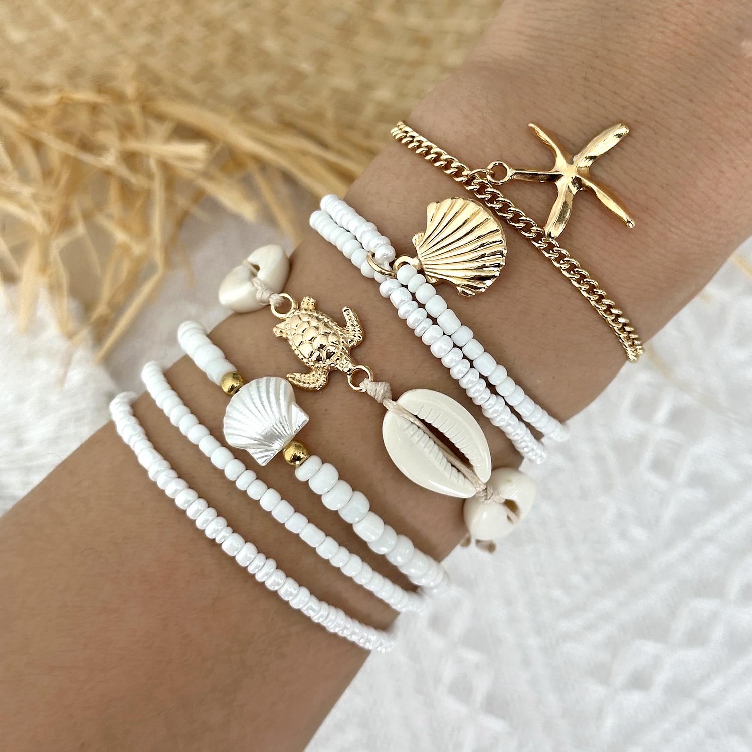 

Fashion Starfish Shell Beaded Bracelet Set for Women Boho Imitation Pearl Sea Turtle Charm Elastic Bracelet Summer Jewelry Gift