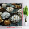 1 Piece Luxury White And Gold Lotus Shower Curtain - Delicate Petals And Dark Green Leaves Design, Polyester Fabric With Hooks