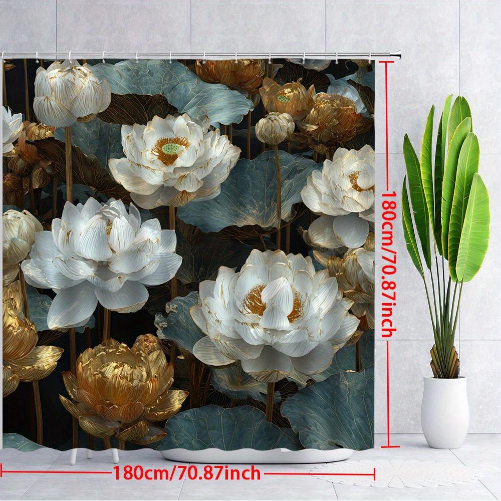 1 Piece Luxury White And Gold Lotus Shower Curtain - Delicate Petals And Dark Green Leaves Design, Polyester Fabric With Hooks