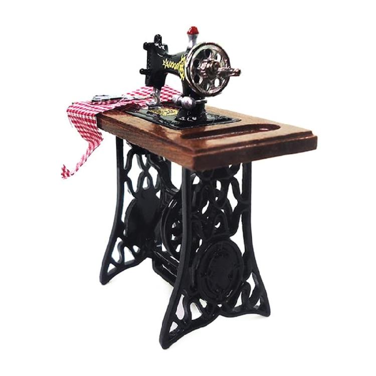 Wood Miniature Sewing Machine Set With Scissors And Fabric For Realistic Dollhouses Scene Display Decoration