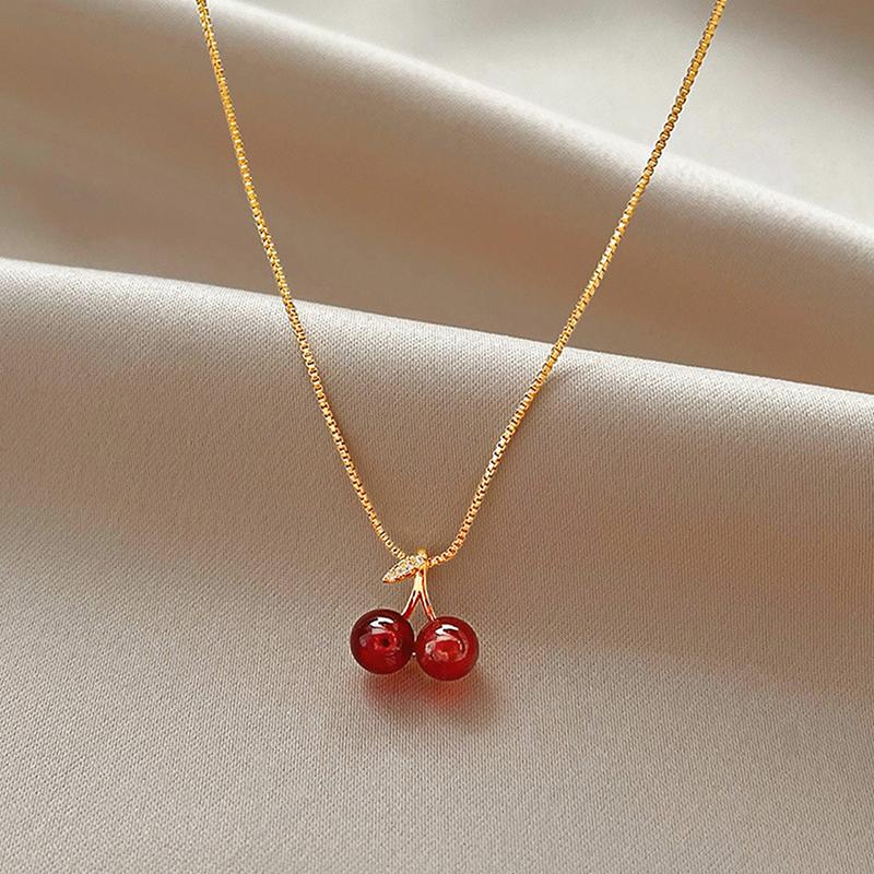 Temperament Women Red Cherry Pendant Necklace Earrings For Women Personality  Necklace Wedding Jewelry Birthday Gifts