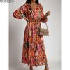 MODIQUE 2025 Summer New Women's Sexy Vintage Hot Floral Printing Waist Flowing Long Dress Ladies Folk Casual Long Sleeve Deep V-Neck Dress