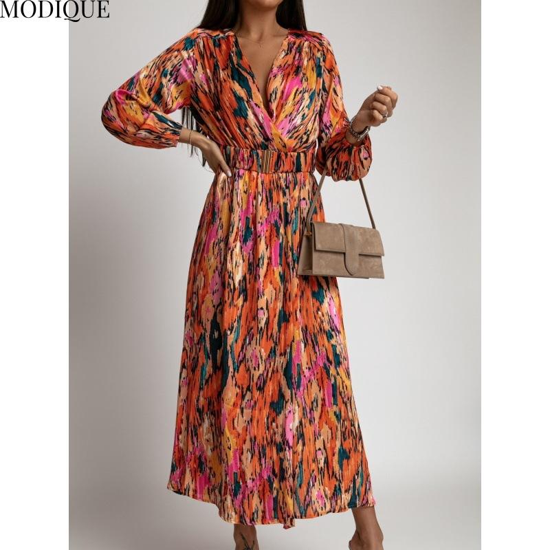 MODIQUE 2025 Summer New Women's Sexy Vintage Hot Floral Printing Waist Flowing Long Dress Ladies Folk Casual Long Sleeve Deep V-Neck Dress