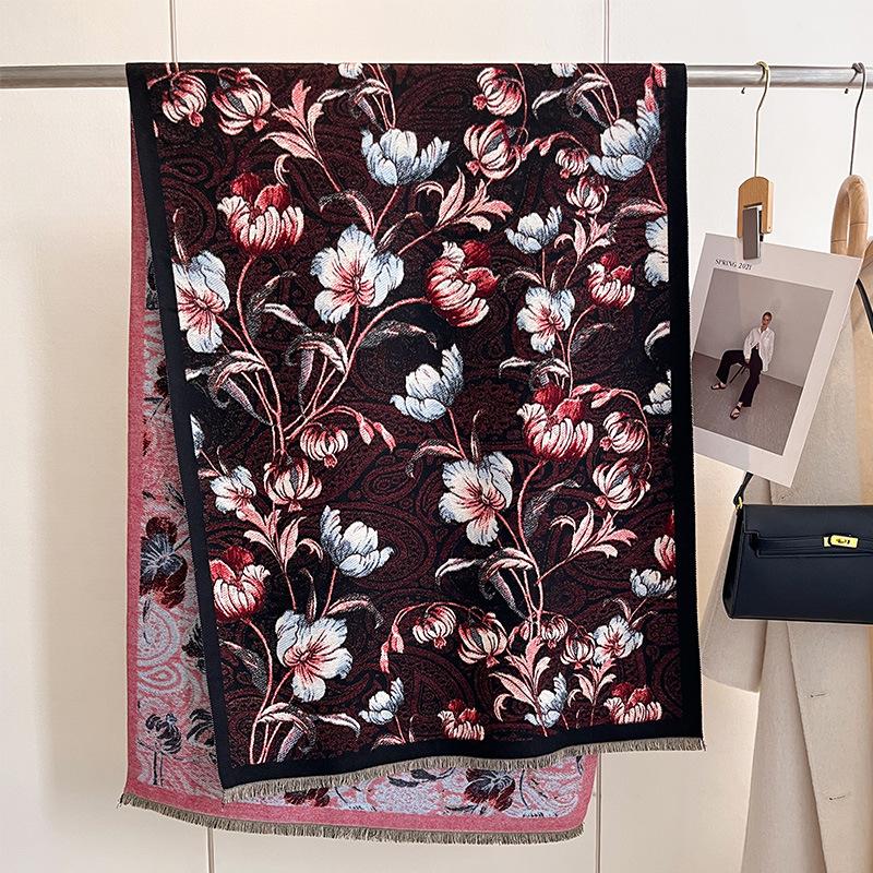 Autumn And Winter National Style Plants And Flowers Landscape Painting Elegant Women Warm Scarf Fashion Retro Shawl