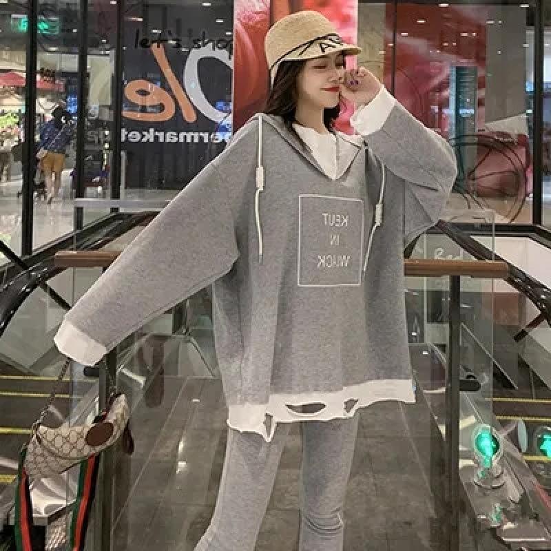 Women's Autumn Ripped Hooded Sweatshirt & Slimming Leggings Two-Piece Set