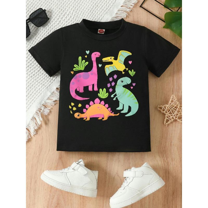 European Size Girls Round Neck Short Sleeved T Shirt with Cartoon Dinosaur Pattern