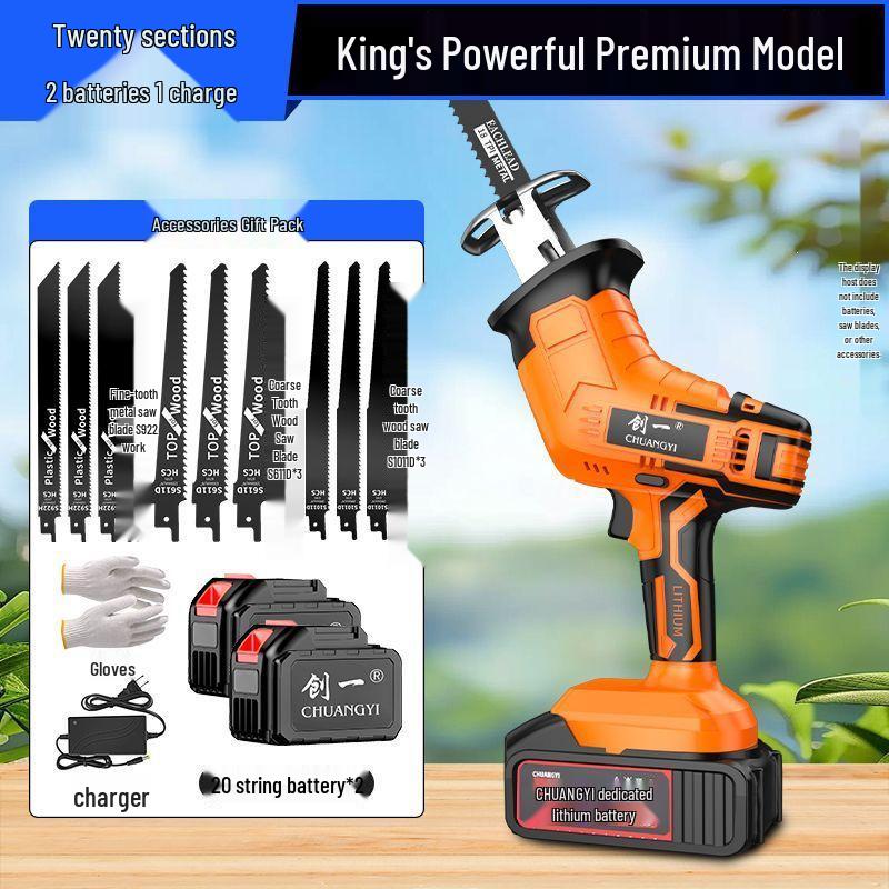 Rechargeable Handheld Electric Reciprocating Saw with Lithium Battery for Small Outdoor Cutting and Logging Tasks.
