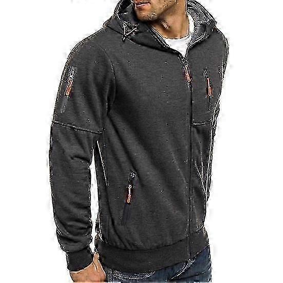 Erkek Sonbahar Kış Kapüşonlu Bol Fermuarlı Uzun Kollu Fermuarlı Cepli Kapüşonlu Hırka İnce Düz Renk Günlük