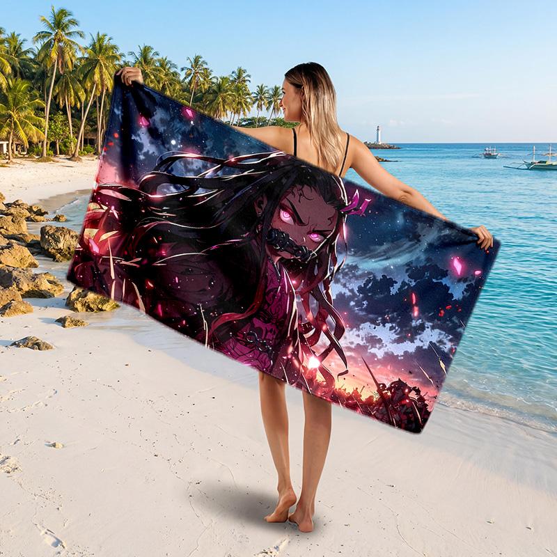 Nezuko Kamado Printed Swim Towel, Portable Water Absorbent Towel for Beach Camping Daily Bathroom Use