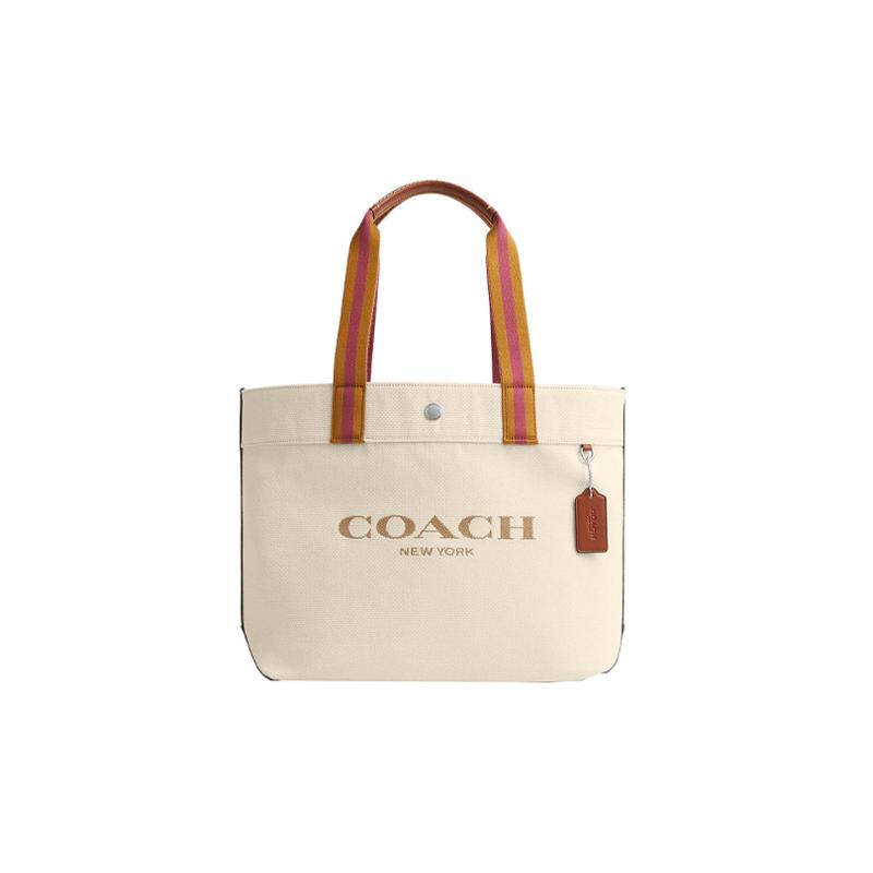 

COACH Letter Logo Canvas and Leather Tote Bag Shopping Bag Shoulder Handbag Large Women s White білий