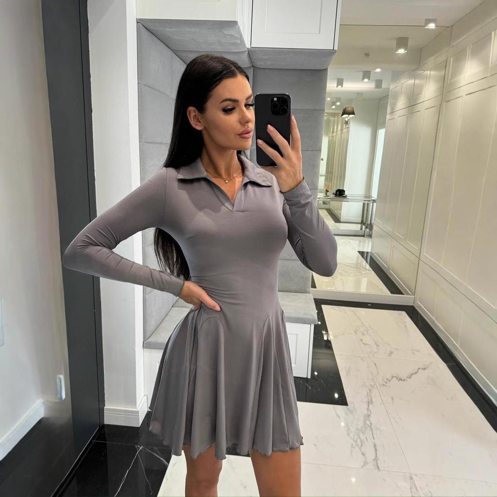 2025 Spring/Summer Women's Solid Color Waist-Cinching Long-Sleeve Turn-Down Collar Dress