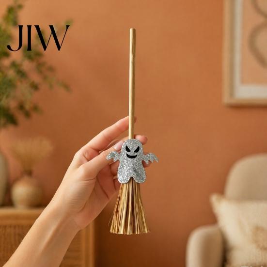 Mini Halloween Desktop Decor Broomstick Ornament, Witch Pumpkin Bat Ghost with Natural Grass Handmade Festive Craft Broom, Tabletop Prop for