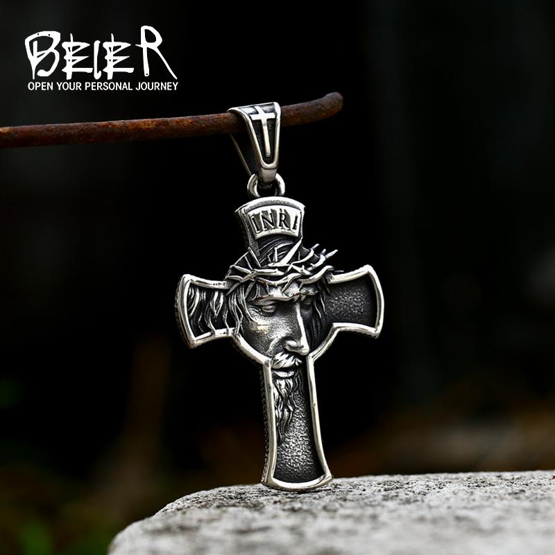 Beier Stainless Steel Men's Christian Christ Jesus Bible Jesus Exorcist Cross Pendant Chain Necklace Jewelry LLLHP199P
