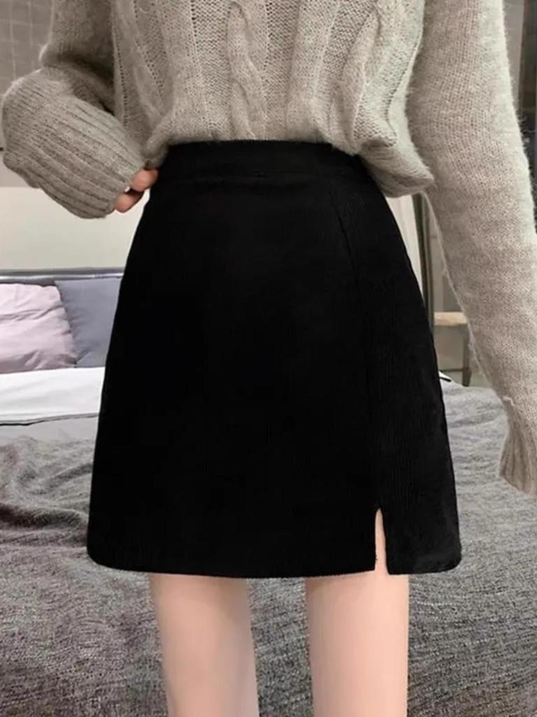 Women's High Waist Corduroy A-line Slit Bodycon Midi Skirt for Autumn/Winter