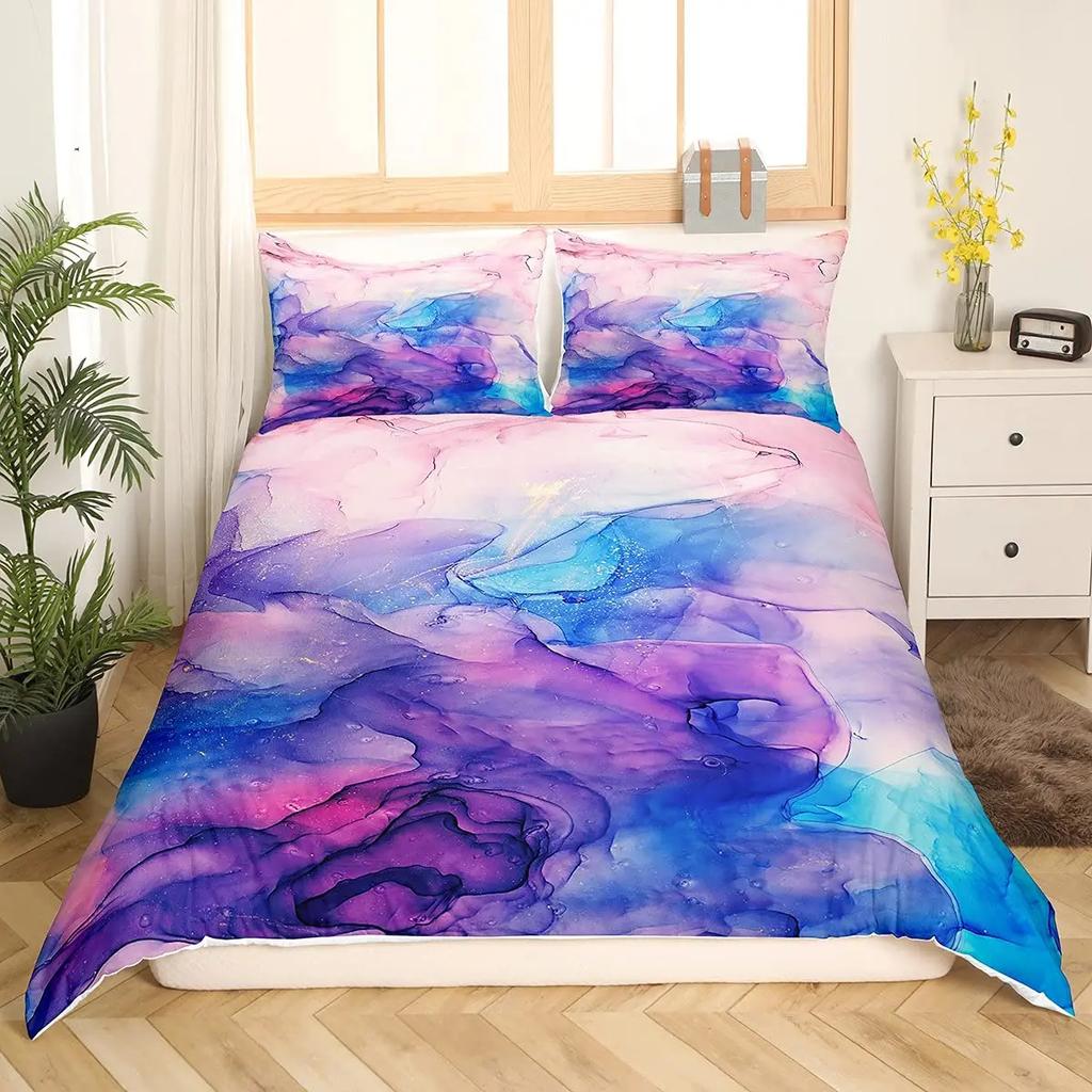 Chic Watercolour Marble Teal Blue Marble Duvet Cover Women Girl Gift Gold Fluid Stone Abstract Art Watercolor Bedspread Cover