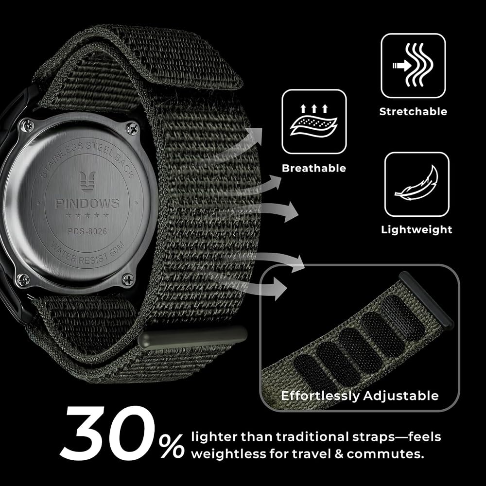 PINDOWS Men's Digital Sports Watch 50M Waterproof Velcro Strap Work Watch