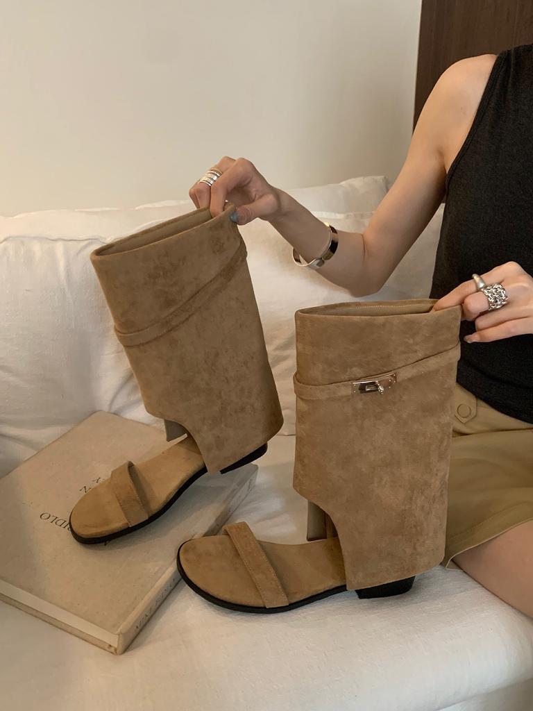 French niche Spice Girls Pant Pants Boots Women's New Versatile Open-toe Cool Boots Western Boots Metal Buckle Roman Sandals