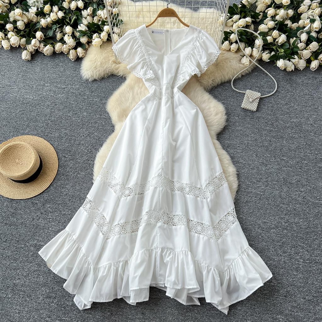 Sommer Damen V-Ausschnitt Schmetterlingsärmel Stickerei Spitze Patchwork Strand Meer Lang Maxi Unregelmäßig Kleider