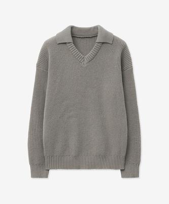BLOND9 Open Collar V-Neck Knit_Gray