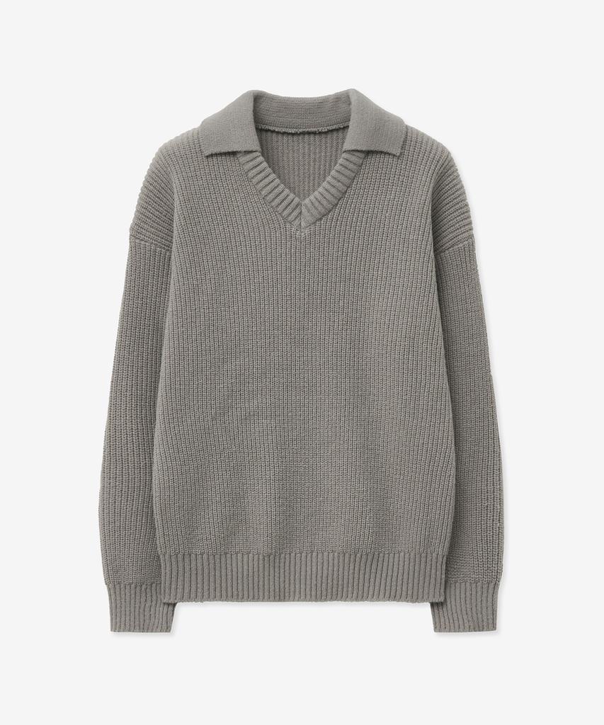 BLOND9 Open Collar V-Neck Knit_Gray