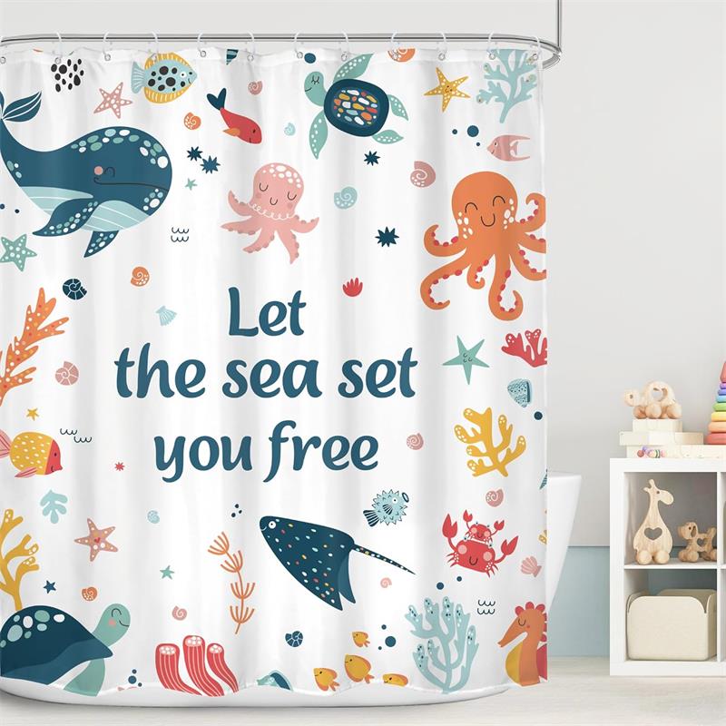 Funny Bathing Cat Dog Cartoon Shower Curtains Dolphin Octopus Sea Turtle Starfish Ocean Animals Bath Curtain Kids Bathroom Decor