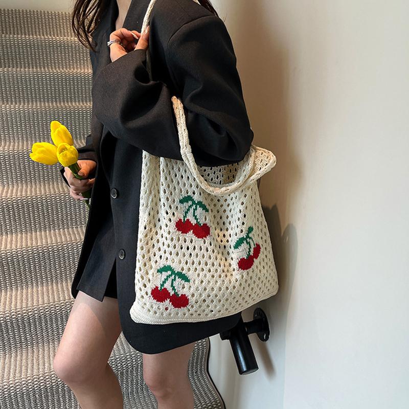 Borsa Tote all'Uncinetto di Grande Capacità alla Moda Stile Coreano Borsa Intrecciata Vuota Borsa a Mano in Maglia Ricamata in Poliestere Quotidiana 0841 CLE