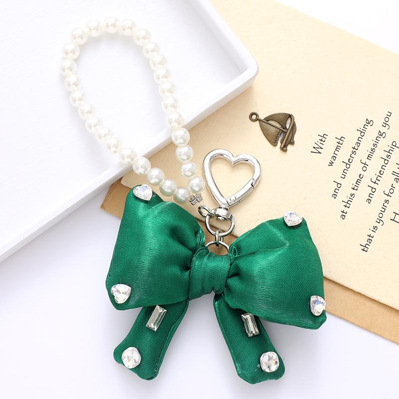 Stock Chic Pearl Beaded Keychain Pendant with a High-end Feel,sparkling Rhinestonesfabric Bow Decorationand Mobile Phone Strap