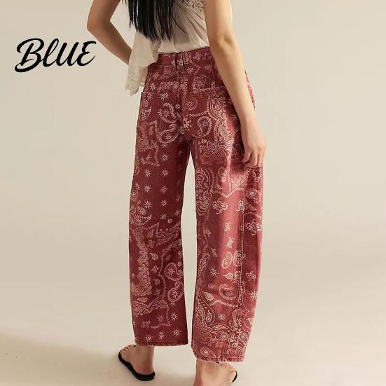 Wide-leg Denim Pants for Women Barrel Jeans Floral Print Boyfriend Baggy Casual Mid Rise Wide Leg Ankle