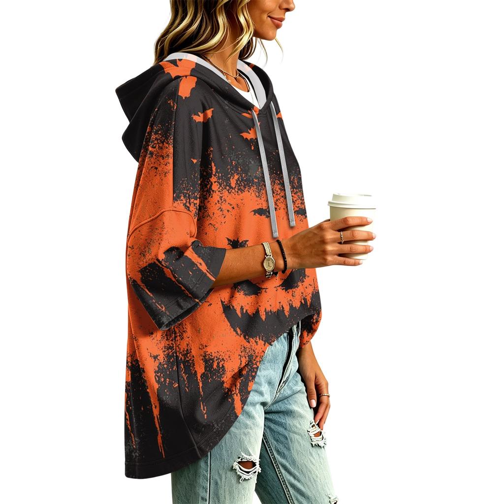 Women's Fashionable Three-Quarter-Sleeve Halloween-Printed Hooded Pullover