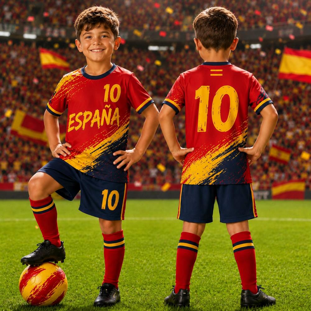 2026 Estate Spagna Maglia da Calcio Giovanile per Ragazzi Ragazze Maglia da Calcio per Sport da Spiaggia T-Shirt Pantaloncini Set Due Pezzi